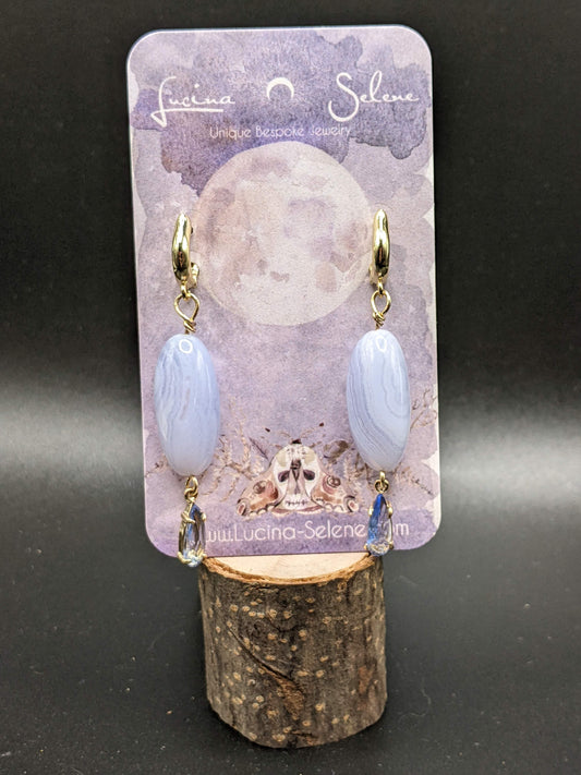 Blue Lace Agate Goldtone Leverback Earrings w Glass Crystal Drops