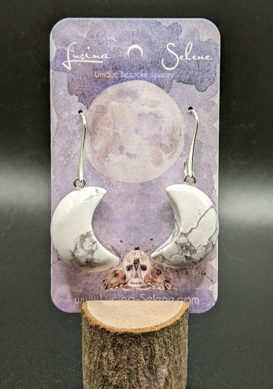 Howlite Crescent Moon Silver Tone Earrings