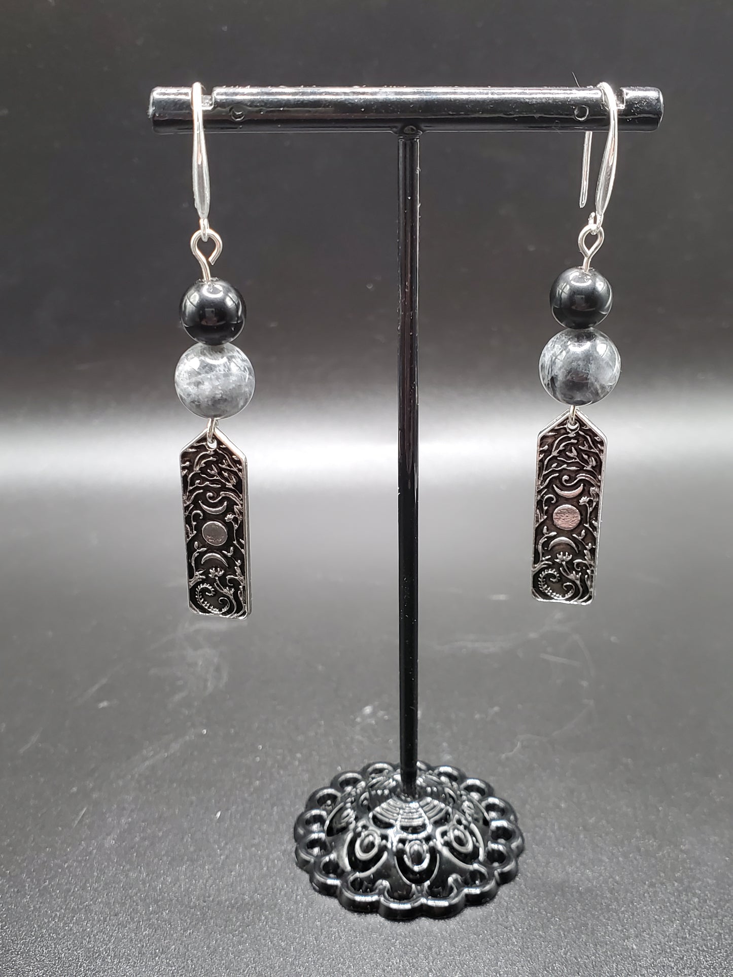 Dream Labradorite & Ranbow Obsidian Moon Vine Dangle Earrings W Sterling Silver French Earwires