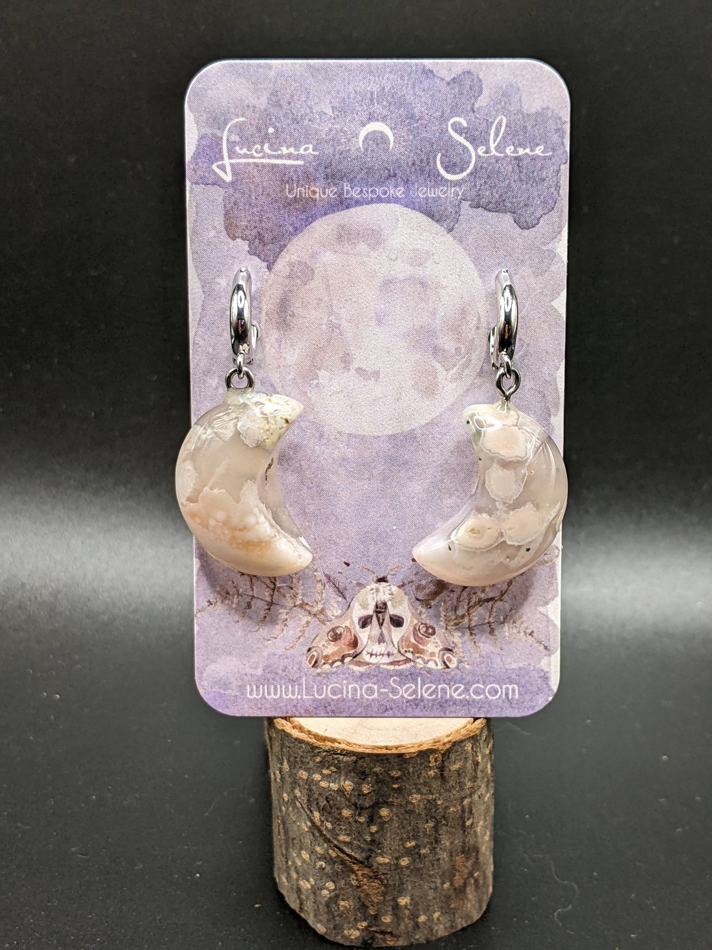 Flower Agate Crescent Moon Earrings w Silvertone Leverbacks