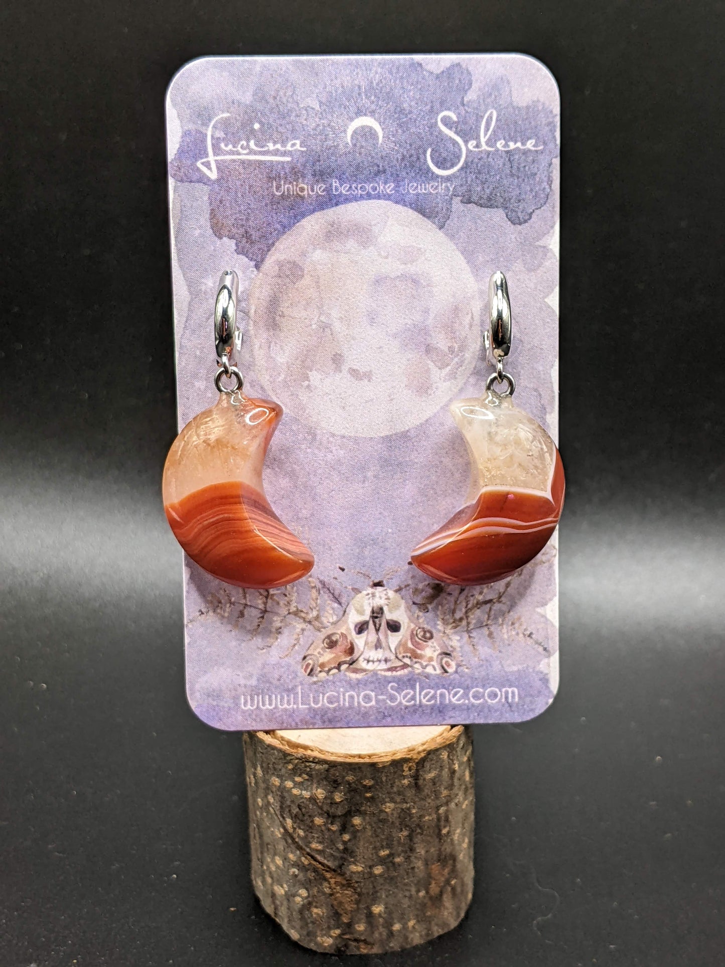 Carnelian Crescent Moon Earrings w Silvertone Leverbacks