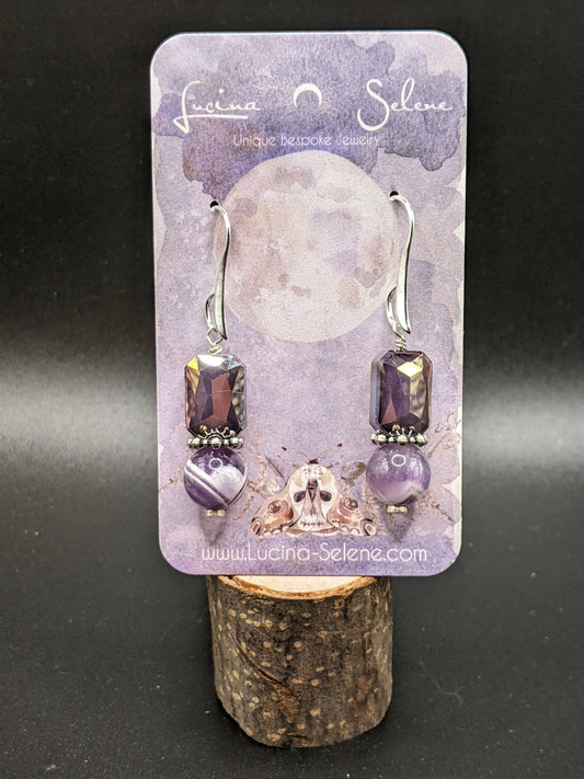 Dream Amethyst Silvertone French hook Earrings w Glass Crystals.