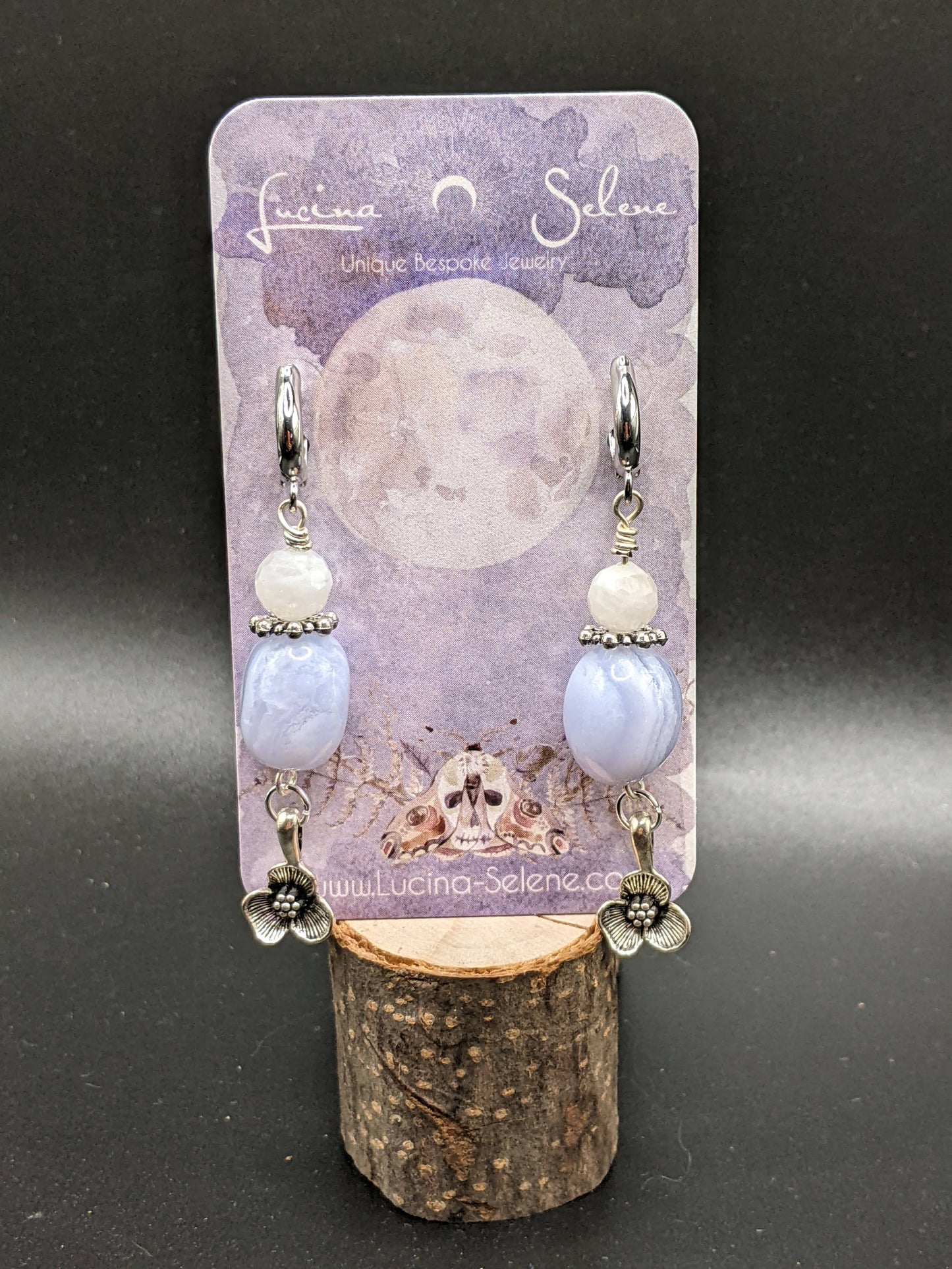 Blue Lace Agate & Moonstone Silvertone Earrings w Flower Charms