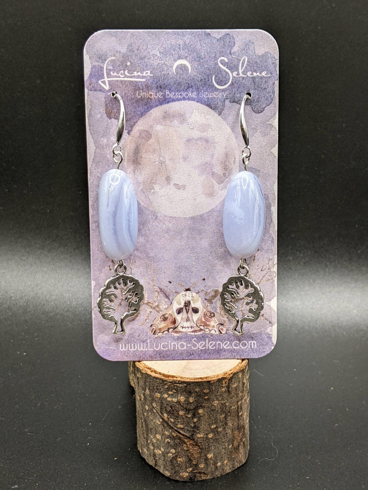 Blue Lace Agate Silvertone Earrings w Tree Charms