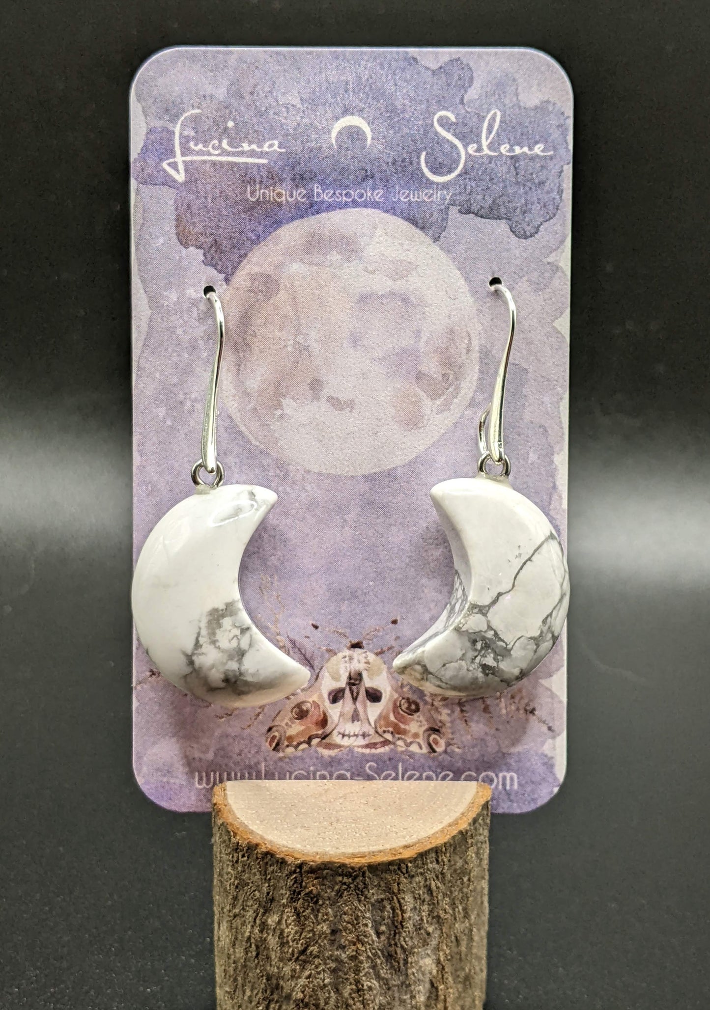 Howlite Crescent Moon Silver Tone Earrings