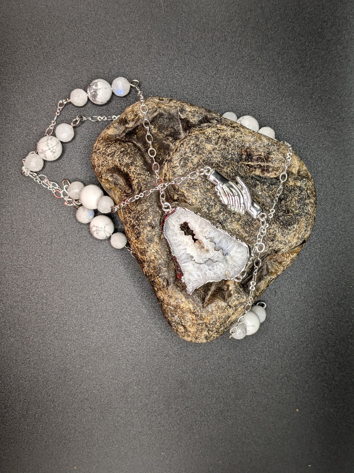 Geode Slice Necklace w  Moonstone & Howlite accents Silvertone X-Long 28"
